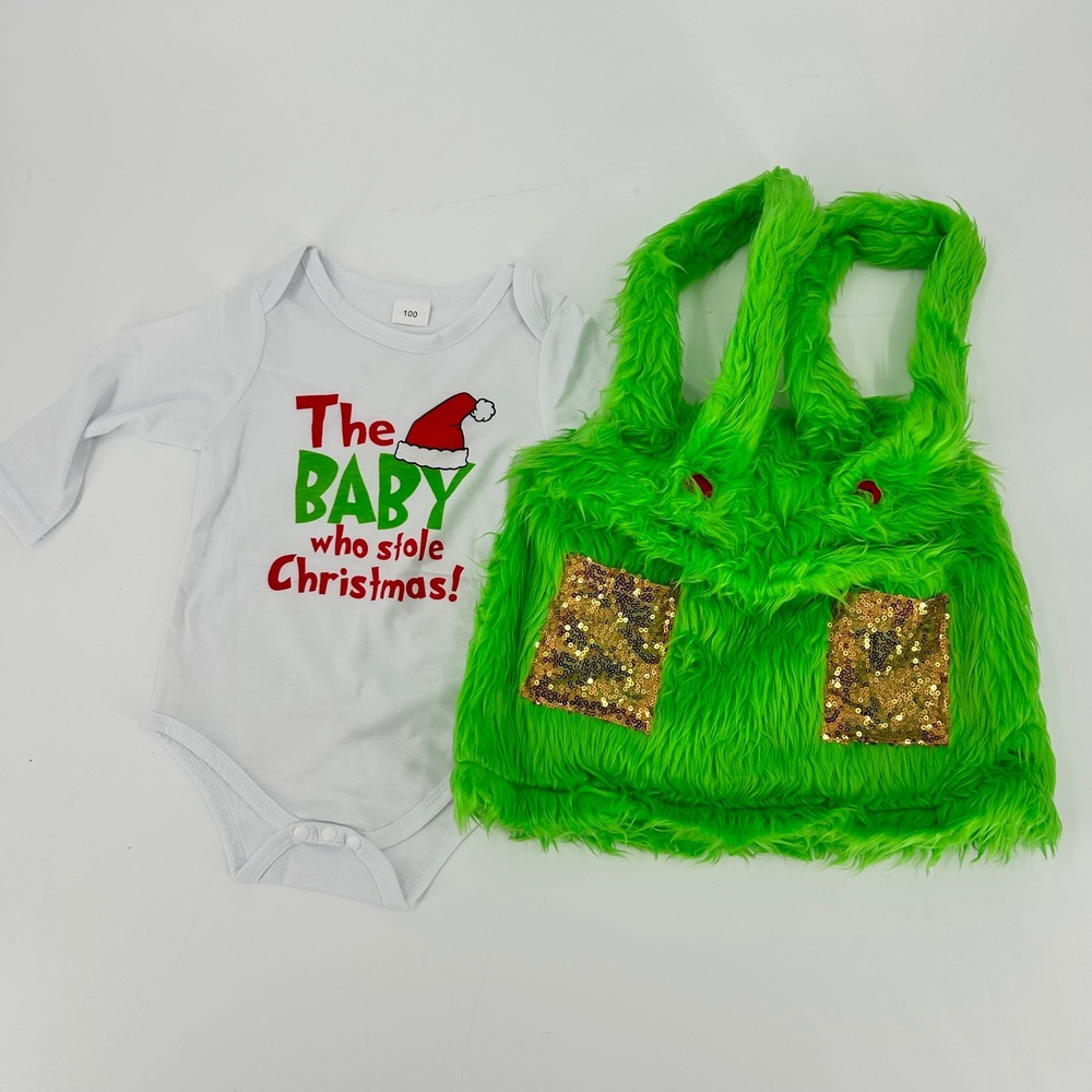 Baby Who Stole Christmas Holiday Set Green Faux Fur Overalls Bodysuit
